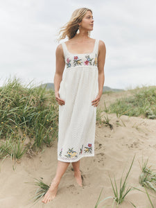 Emily Midi Dress in Cream Crochet/Multicolor Floral Embroidery