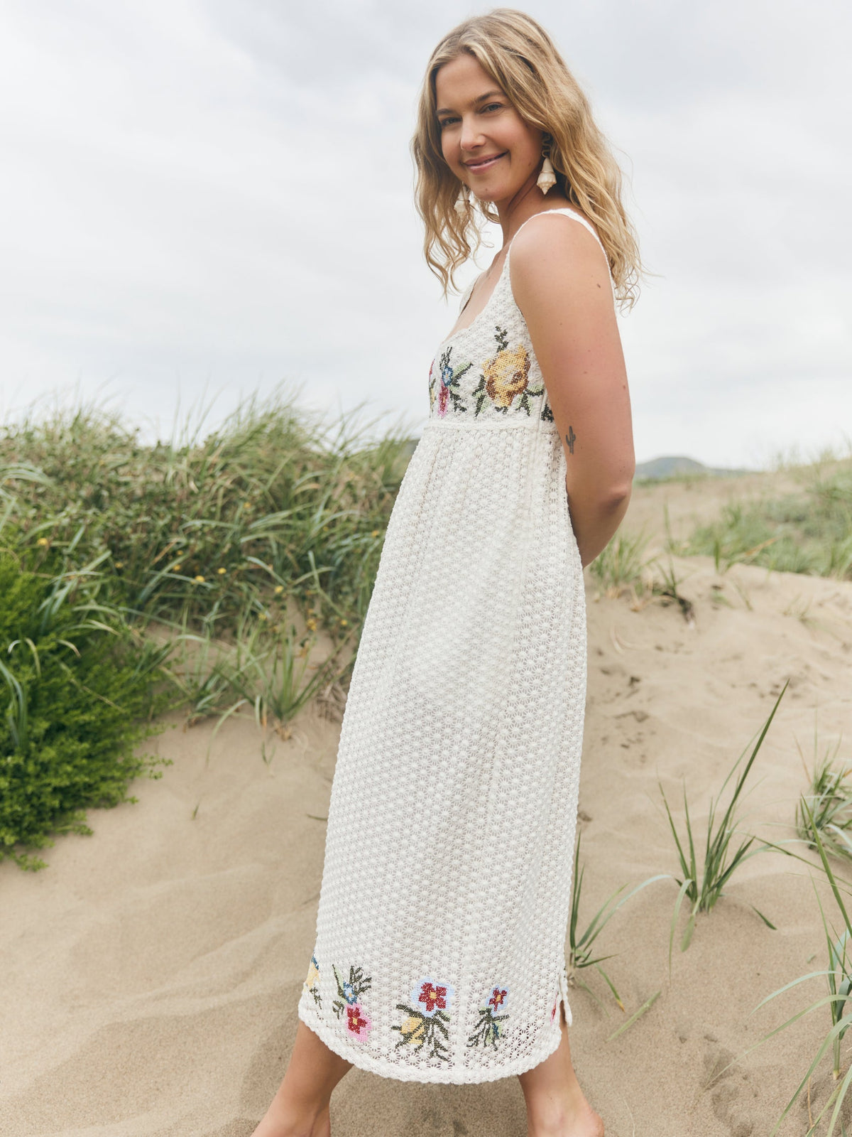 Emily Midi Dress in Cream Crochet/Multicolor Floral Embroidery