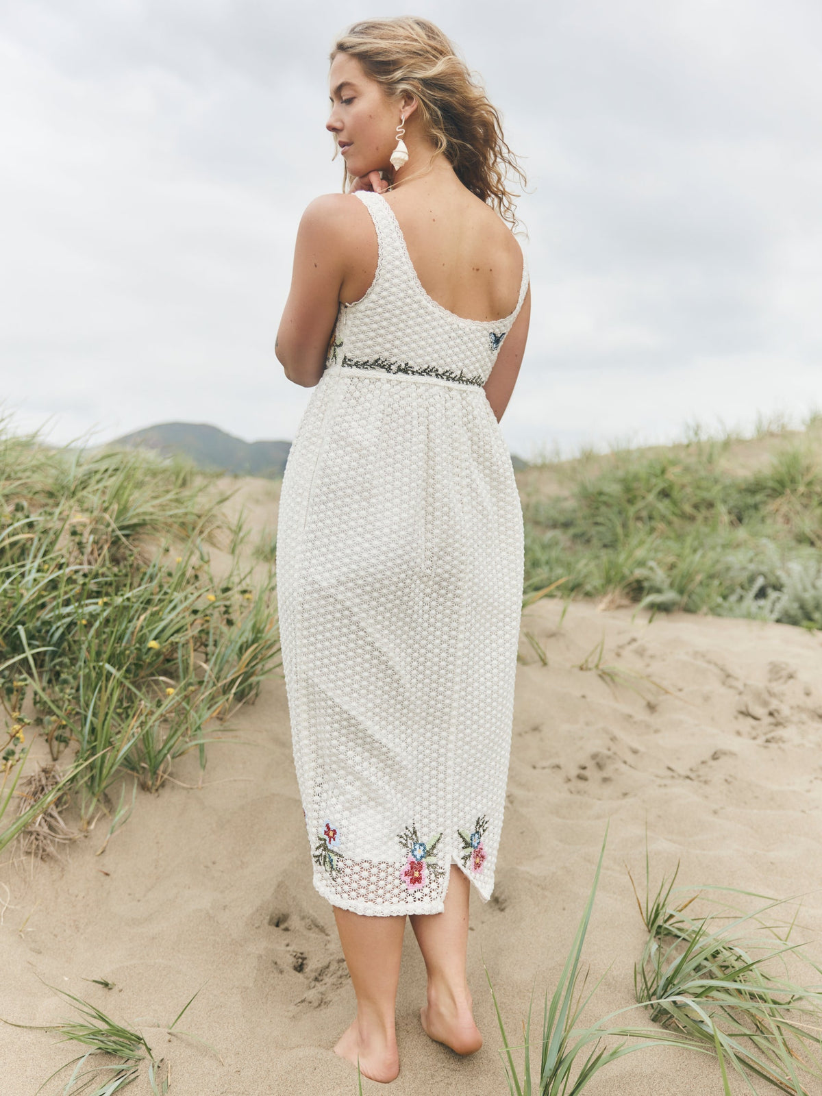 Emily Midi Dress in Cream Crochet/Multicolor Floral Embroidery