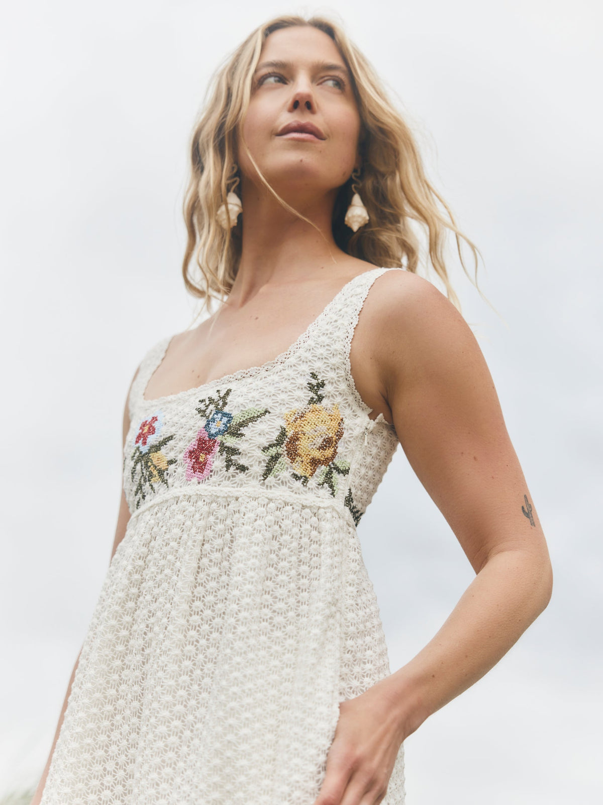 Emily Midi Dress in Cream Crochet/Multicolor Floral Embroidery