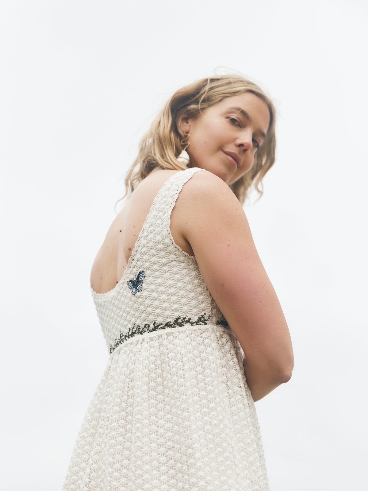 Emily Midi Dress in Cream Crochet/Multicolor Floral Embroidery