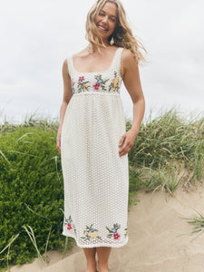 Emily Midi Dress in Cream Crochet/Multicolor Floral Embroidery