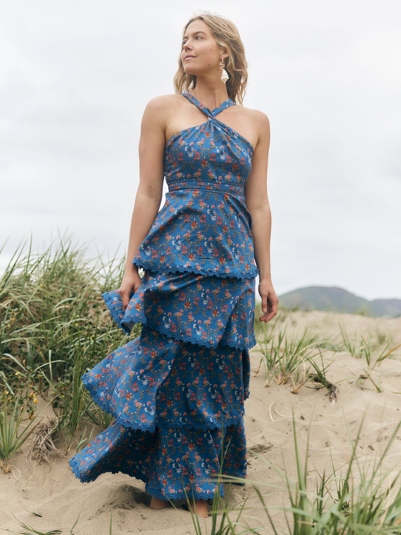 Emma Tiered Dress in Blue Floral Spritz