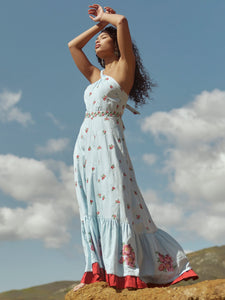 Isabel Dress in Clear Sky/Salsa Ditsy Floral/Salsa Floral Embroidery