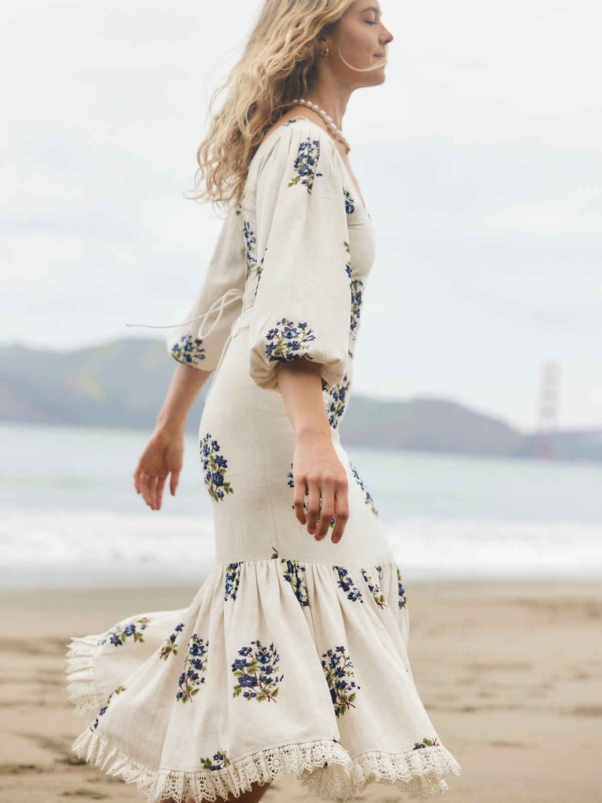 Maysie Puff Sleeve Top in Oatmeal Bluesy Beaded Floral