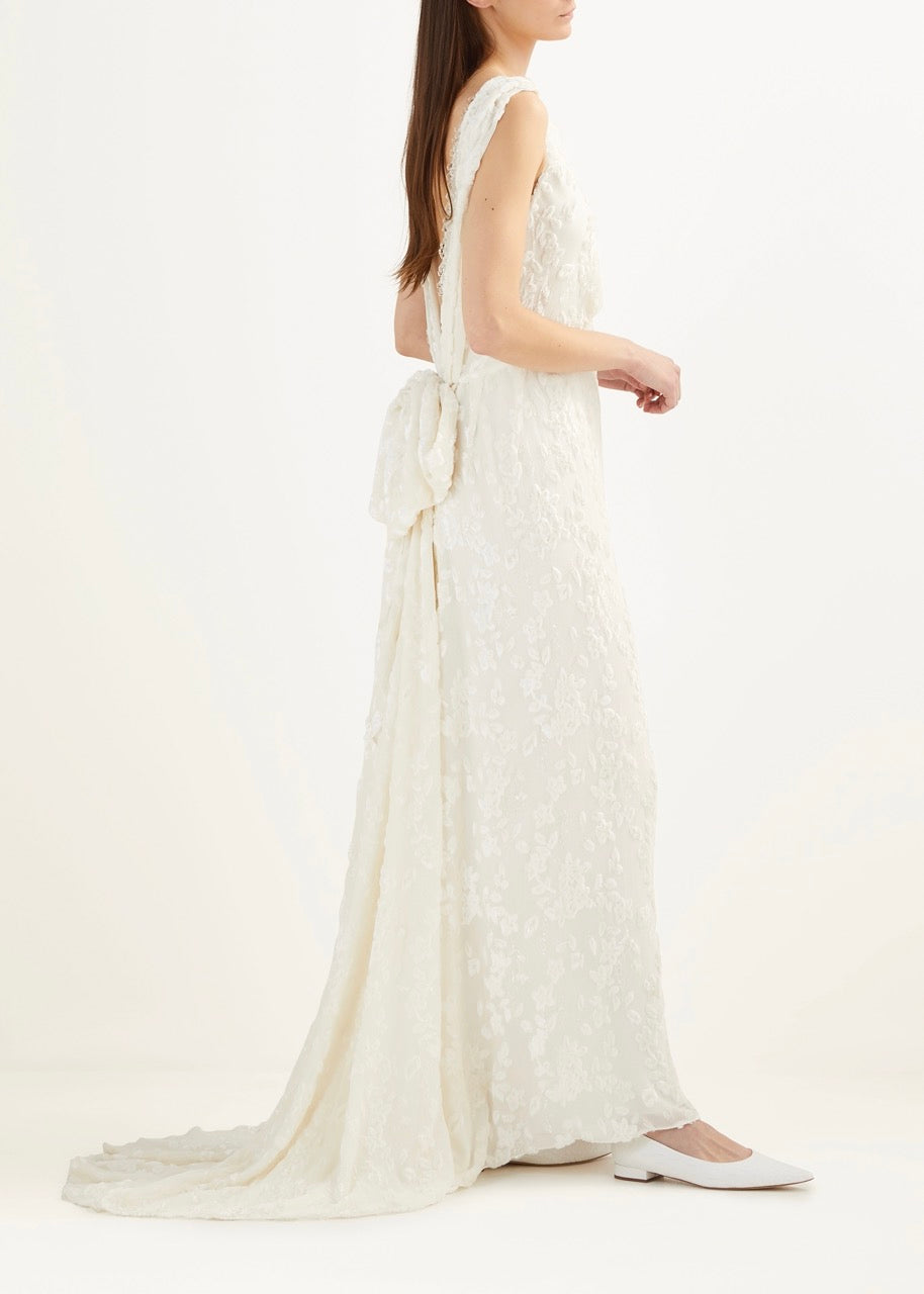 Mae Gown in White Floral Burnout Velvet