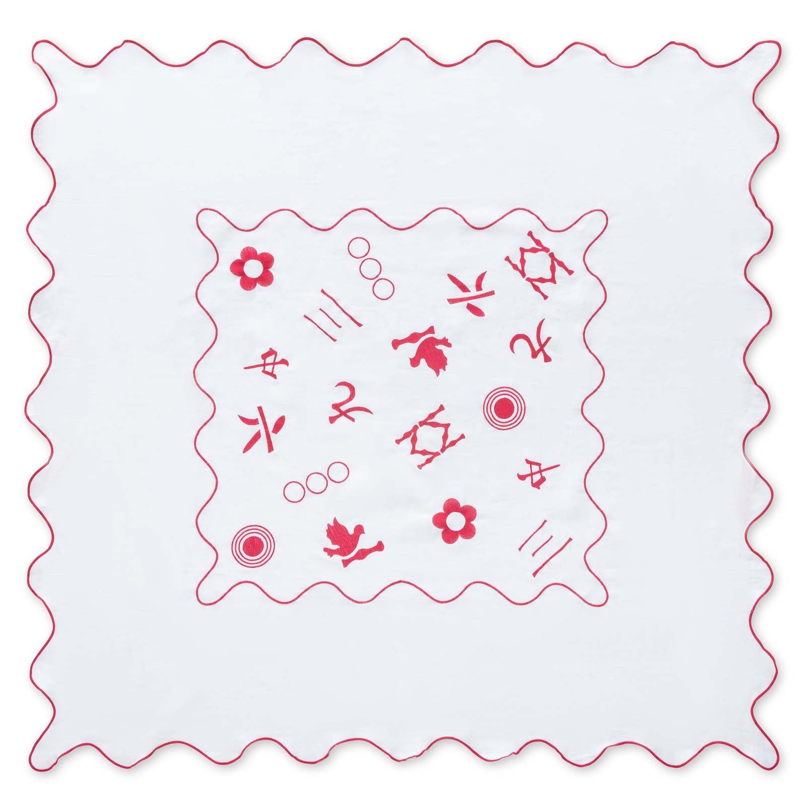 Pink & white 100% linen embroidered tablecloth that is Mahjong themed, scalloped edges
