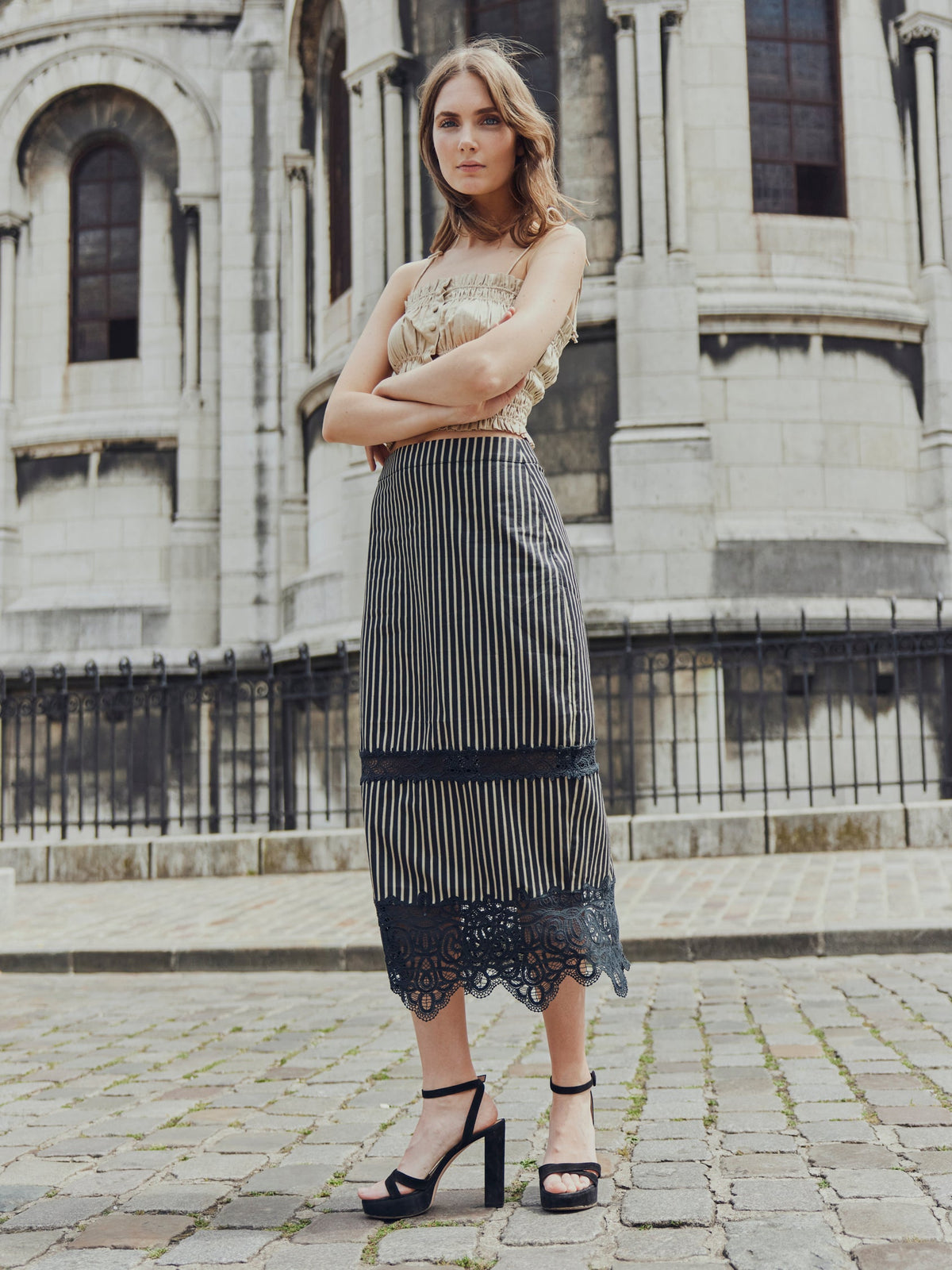 Lacey Midi Skirt in Black & Khaki Stripe