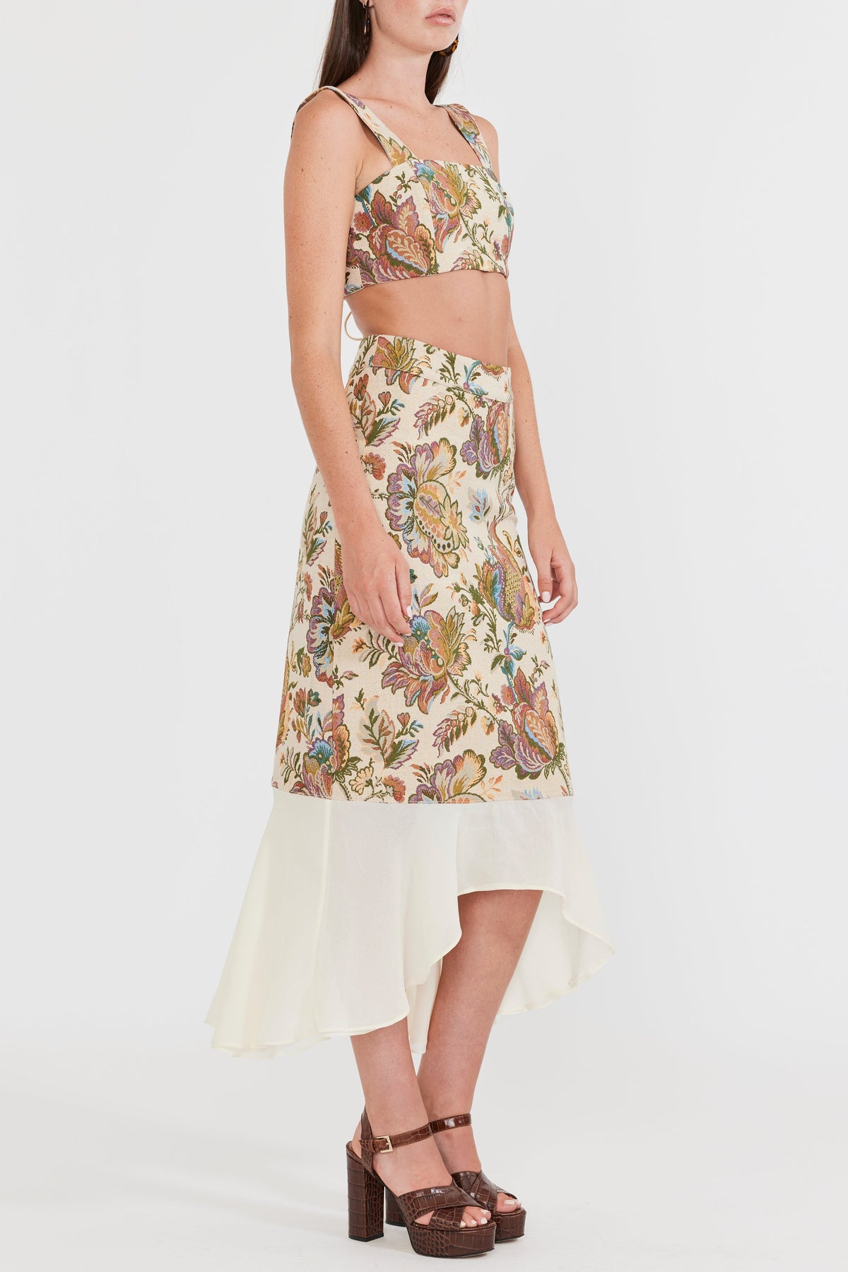 Moon Midi Skirt in Rainbow Floral Jacquard