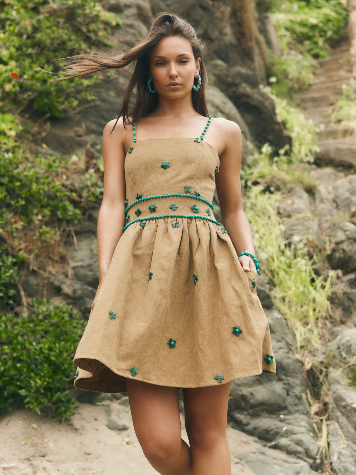 Grace Mini Dress in Light Fawn & Emeralds