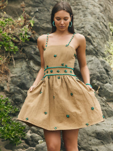 Grace Mini Dress in Light Fawn & Emeralds