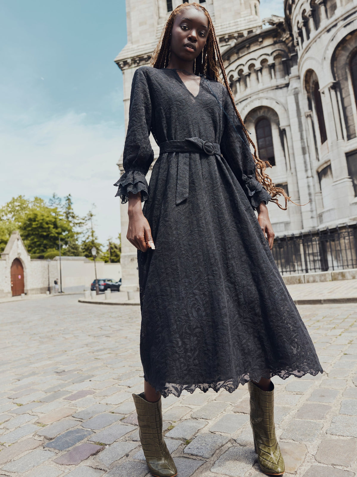 Penny Midi Dress in Black Crochet Lace