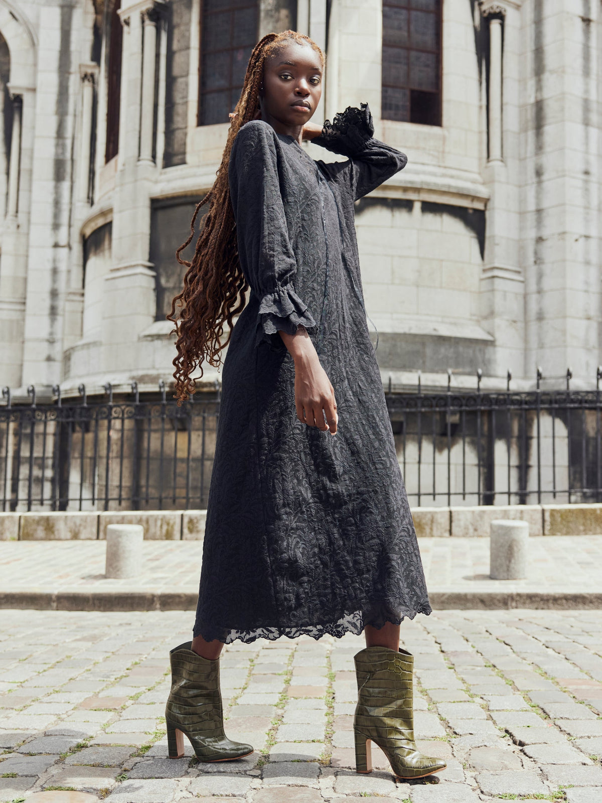 Penny Midi Dress in Black Crochet Lace