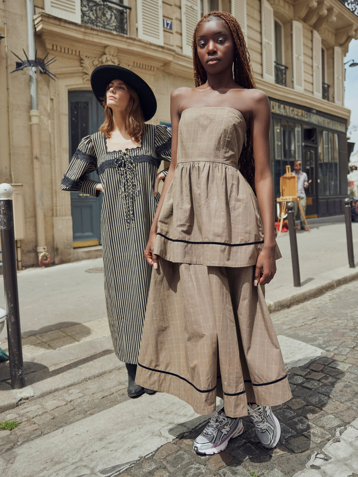 Daisy Dress in Coco Check With Baby Blue Pinstripe