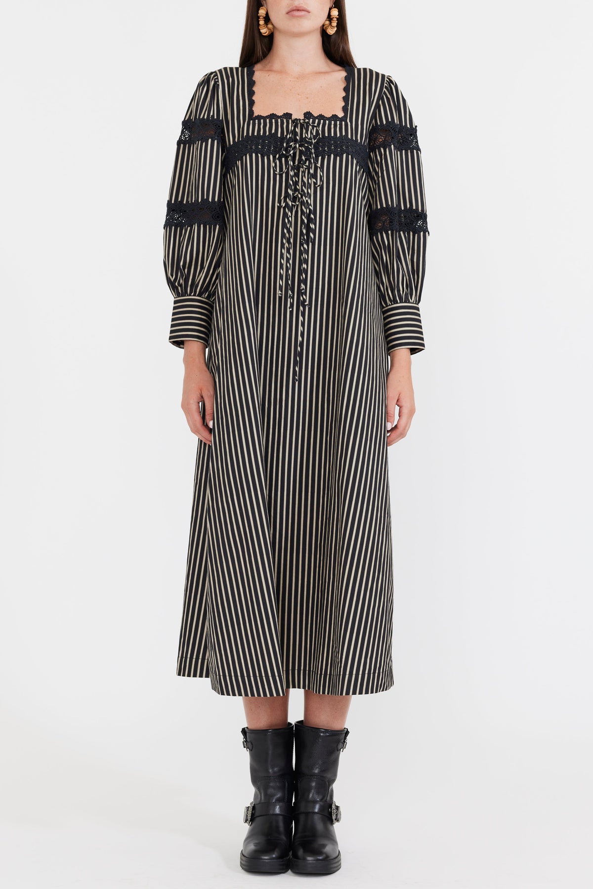 Tara Maxi Dress in Black Khaki Stripe