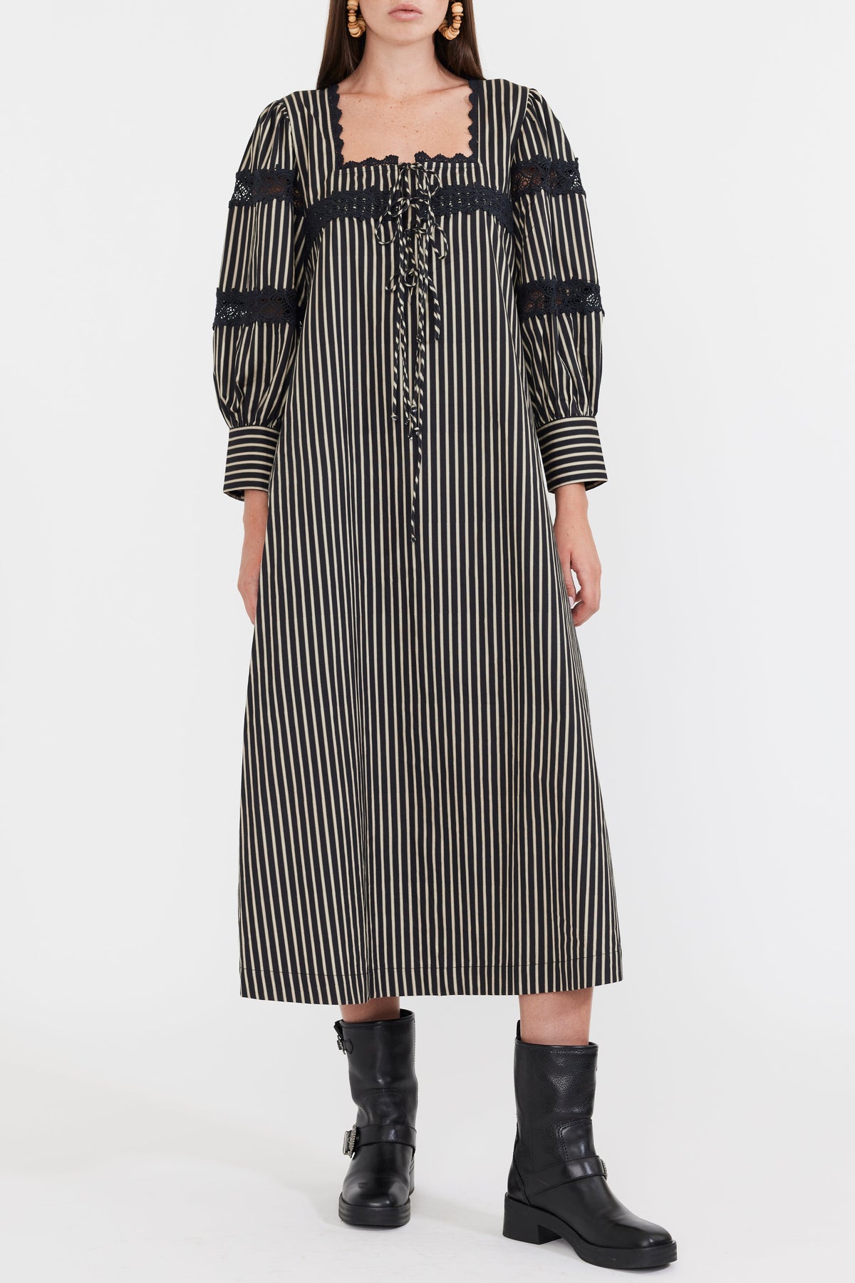 Tara Maxi Dress in Black Khaki Stripe