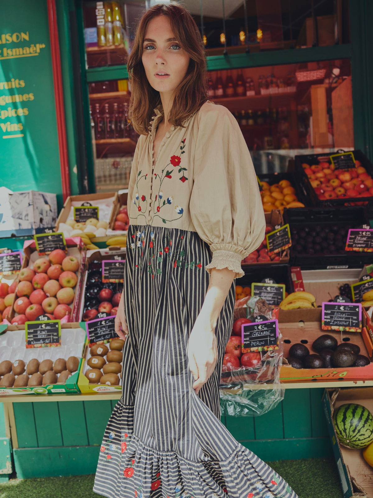 Eliza Embroidered Maxi Dress in Black & Khaki Stripe