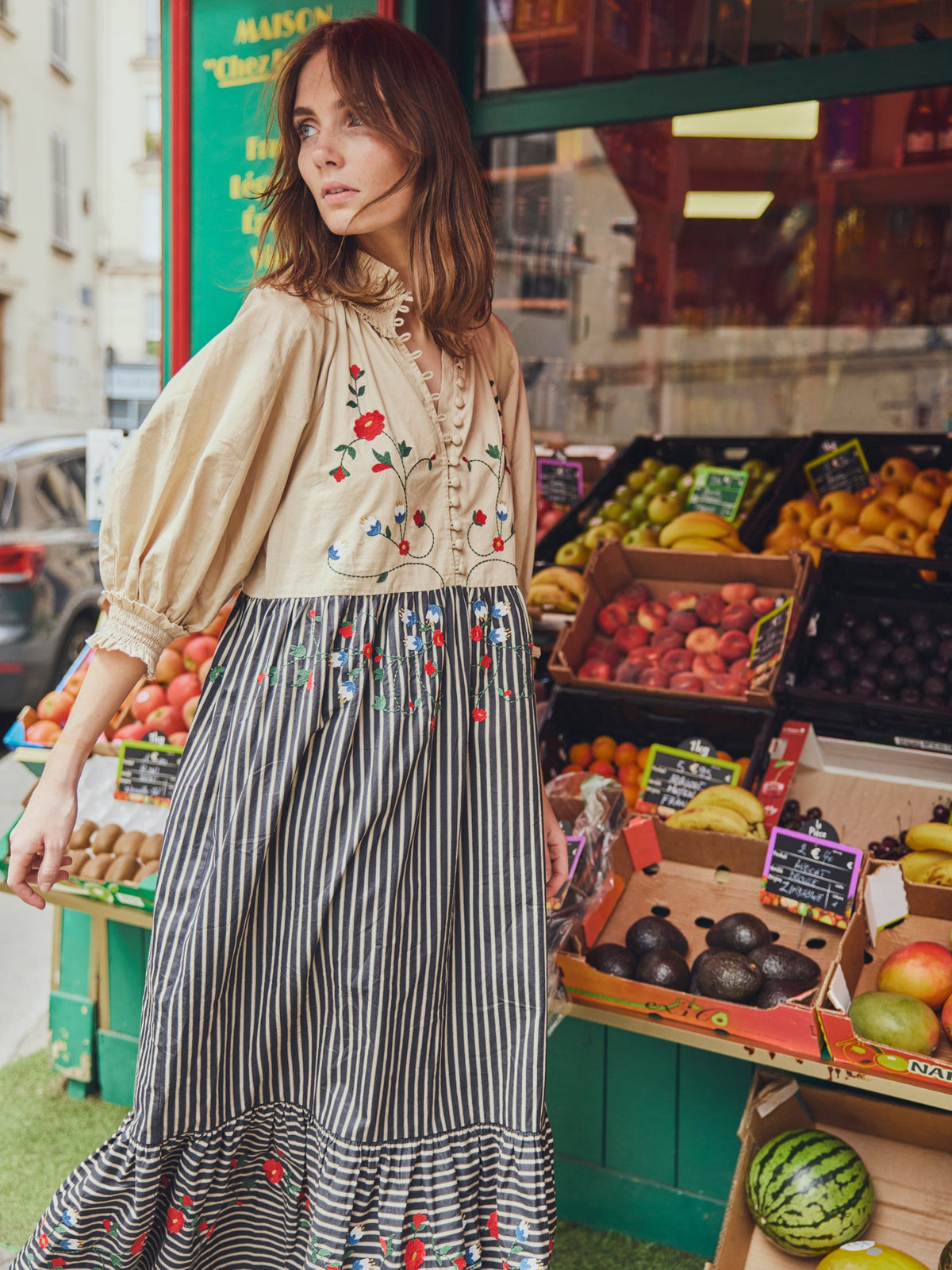 Eliza Embroidered Maxi Dress in Black & Khaki Stripe