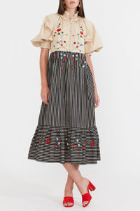 Eliza Embroidered Maxi Dress in Black & Khaki Stripe