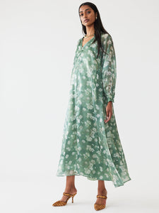 Caroline Dress in Green Blurry Magnolia