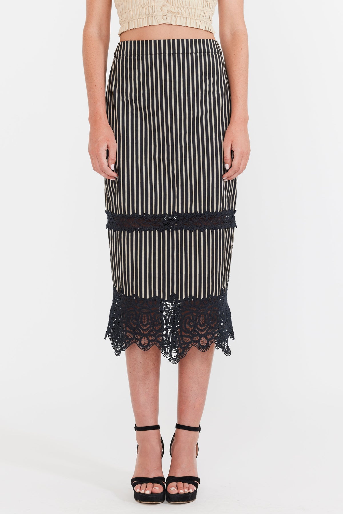 Lacey Midi Skirt in Black & Khaki Stripe