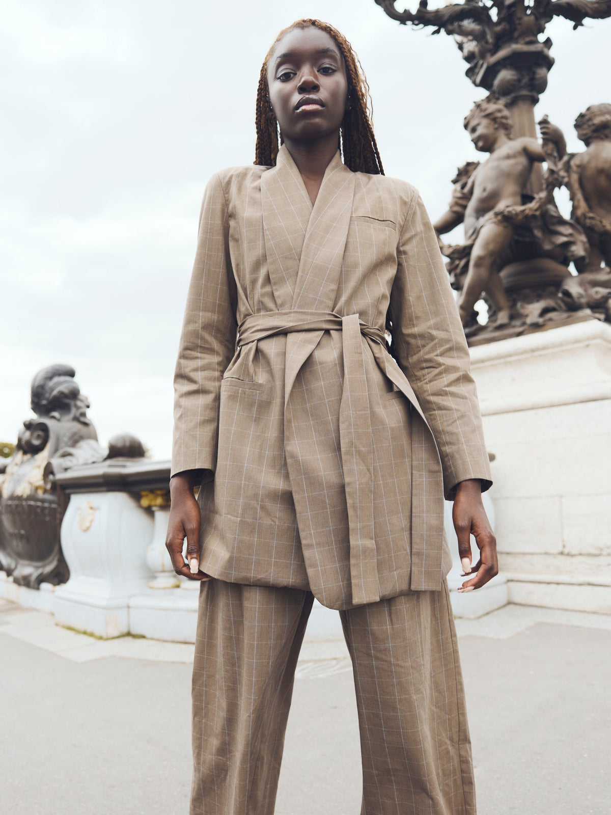 Blazer With Waist Tie in Coco Check With Baby Blue Pinstripe