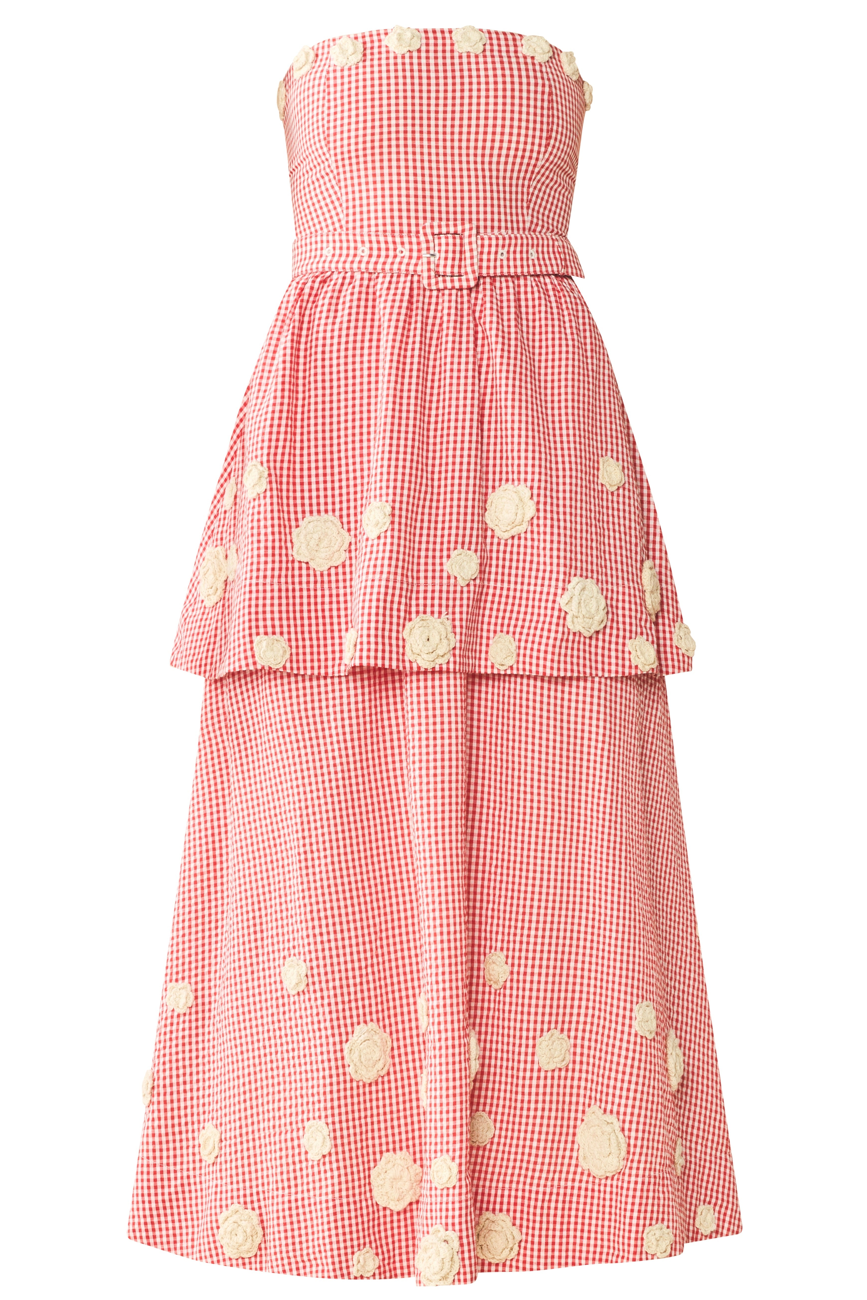 Daisy Dress X Rainey Collaboration in Red Gingham with Cream Crochet Applique