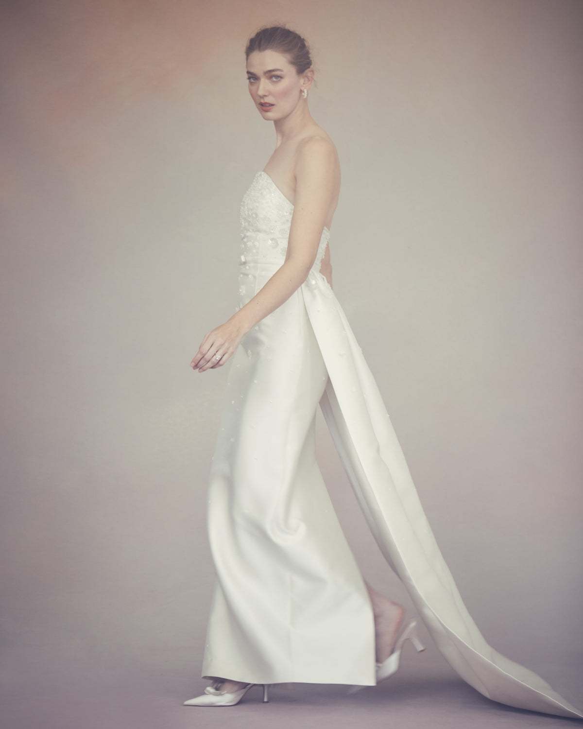 Gabi Gown in Ivory Silk Wool with Ivory Meadow Embellishment