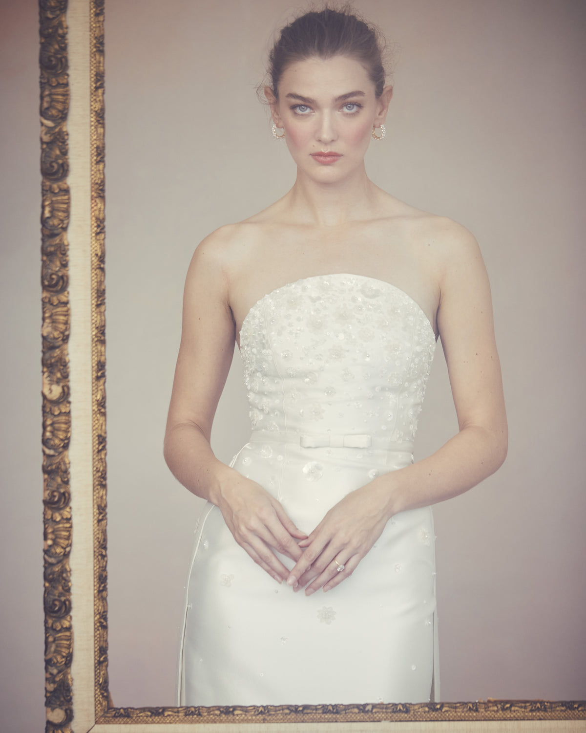 Gabi Gown in Ivory Silk Wool with Ivory Meadow Embellishment