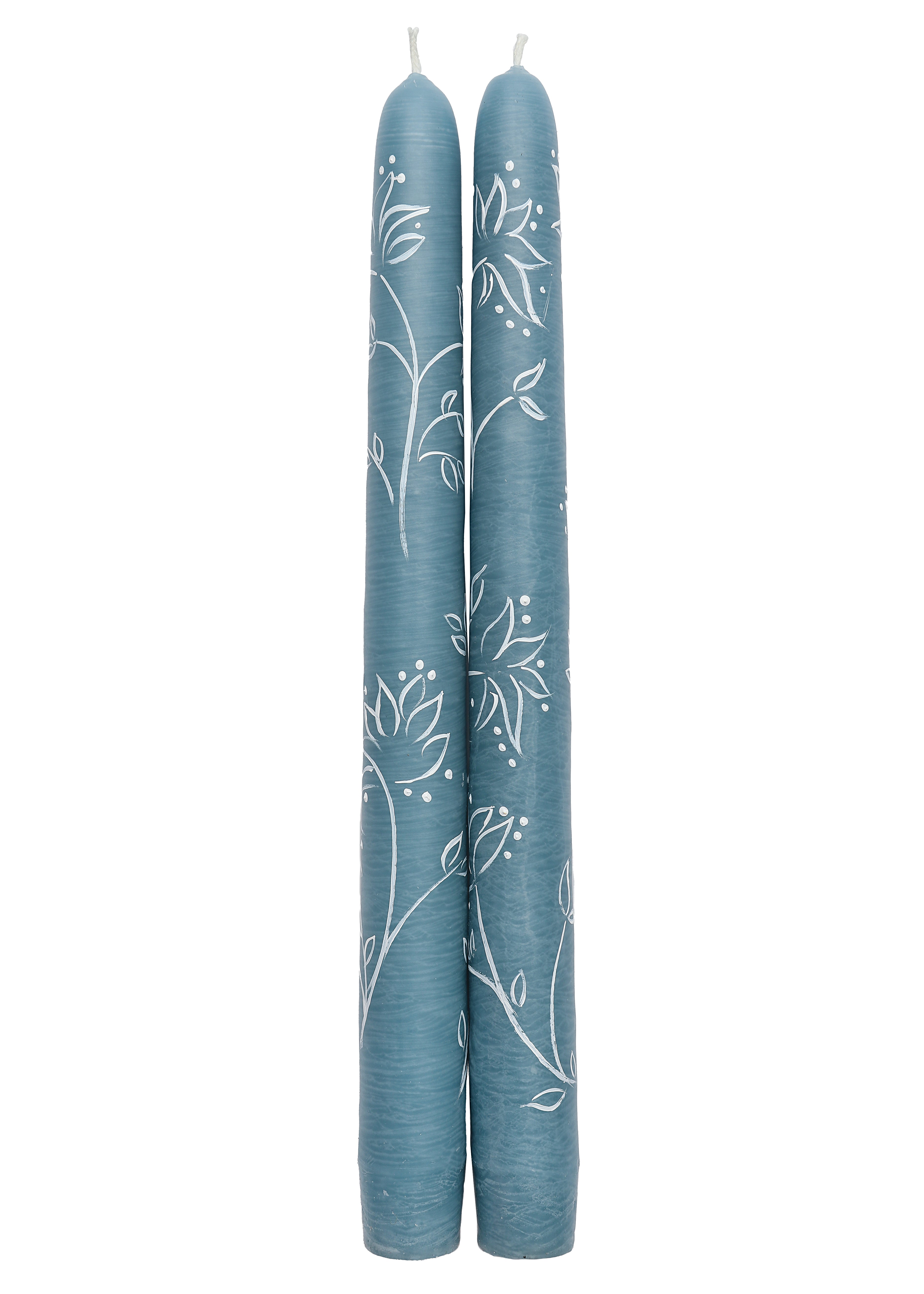 Blue Abstract Floral Hand-Painted Taper Candles, Set of Two