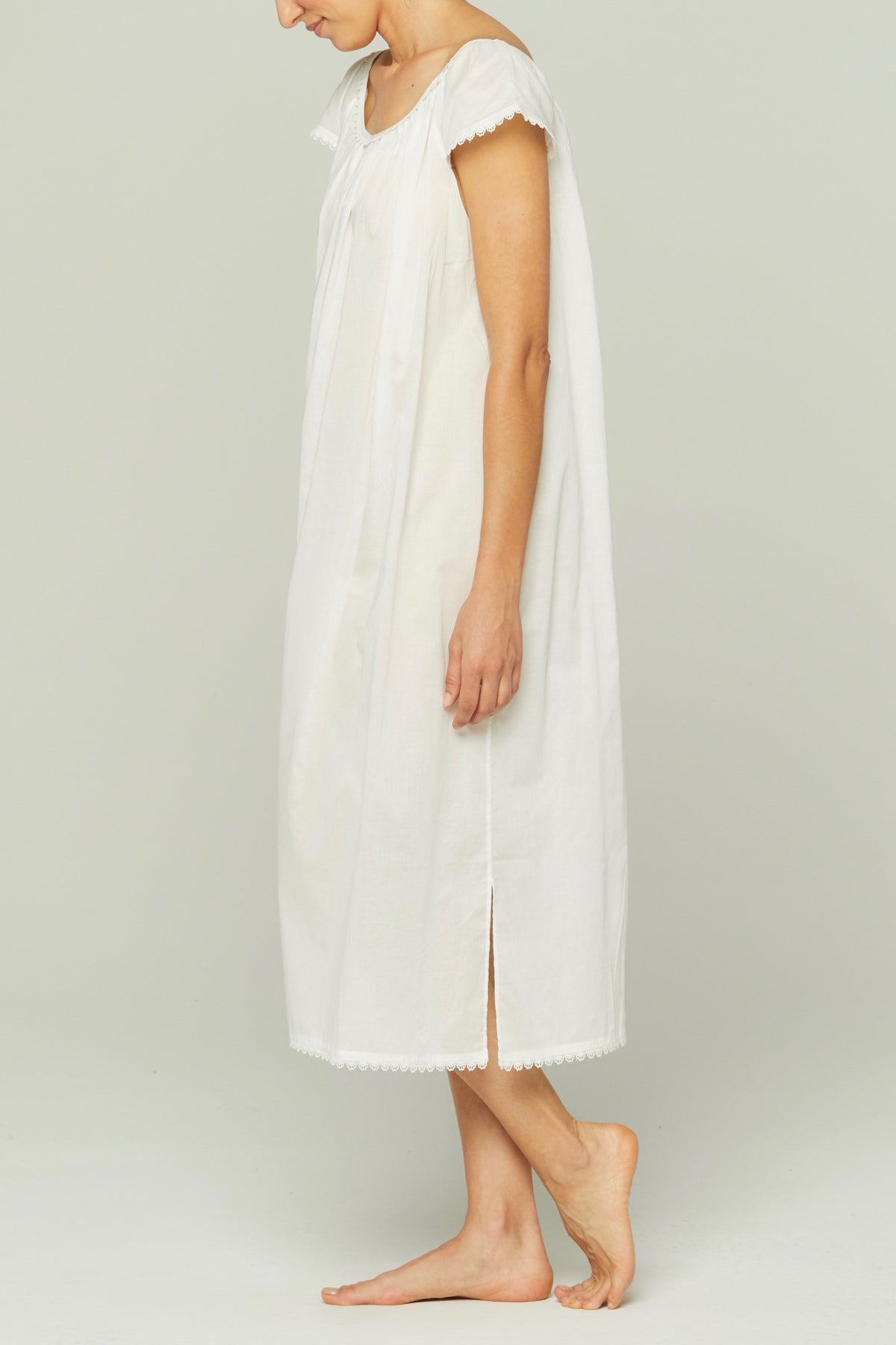 Long Cotton Nightgown with Flower Trim in White