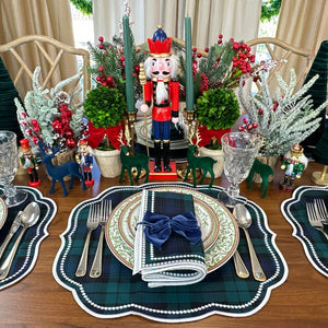 Black Watch Plaid placemat and napkin with white luxury embroidery.