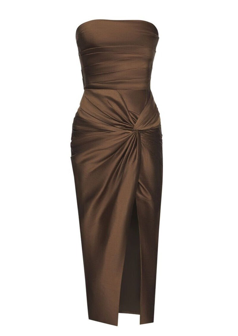 Nikki SIlk Draped Dress in Brown