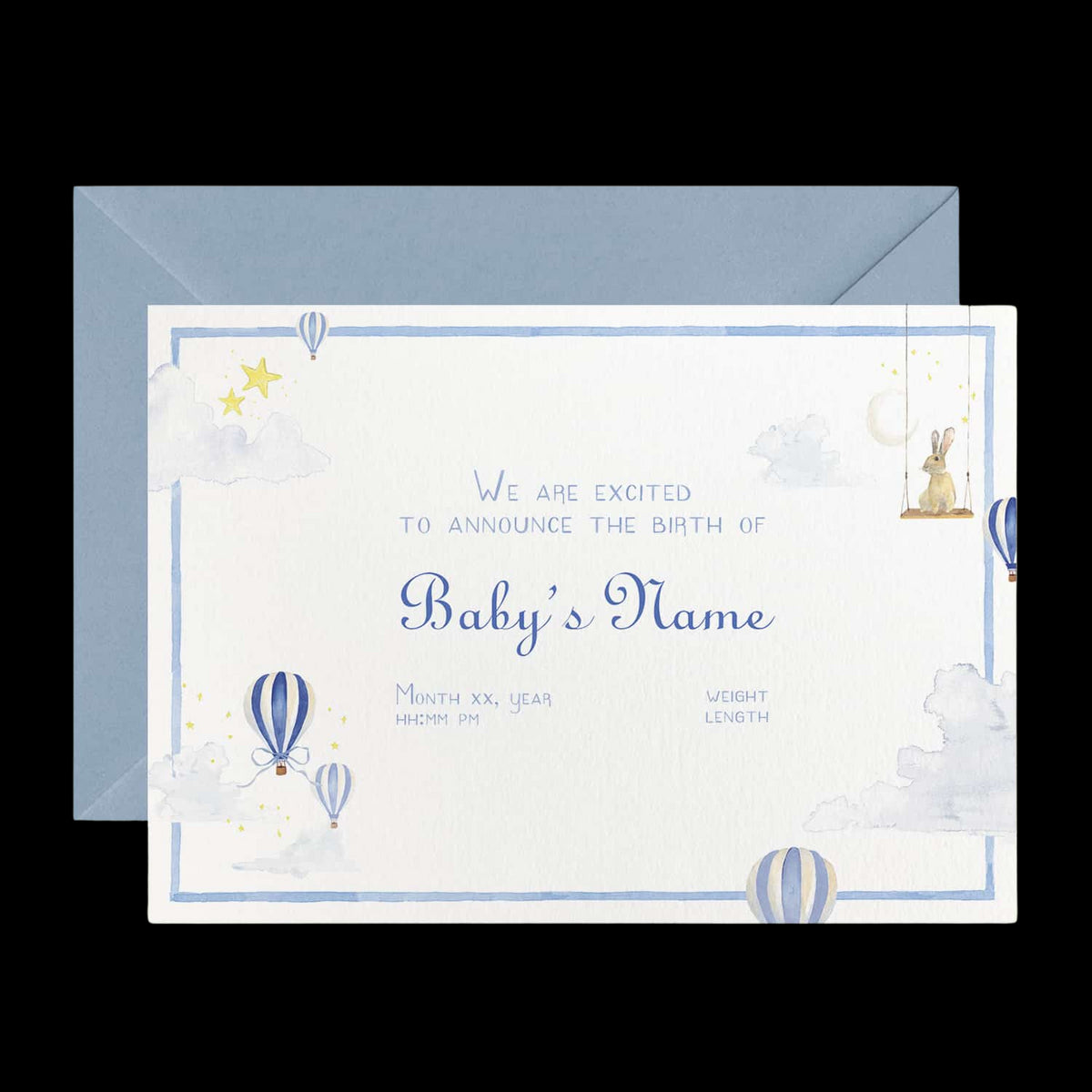 Hot Air Balloons Birth Announcement without Photo, Set of 50