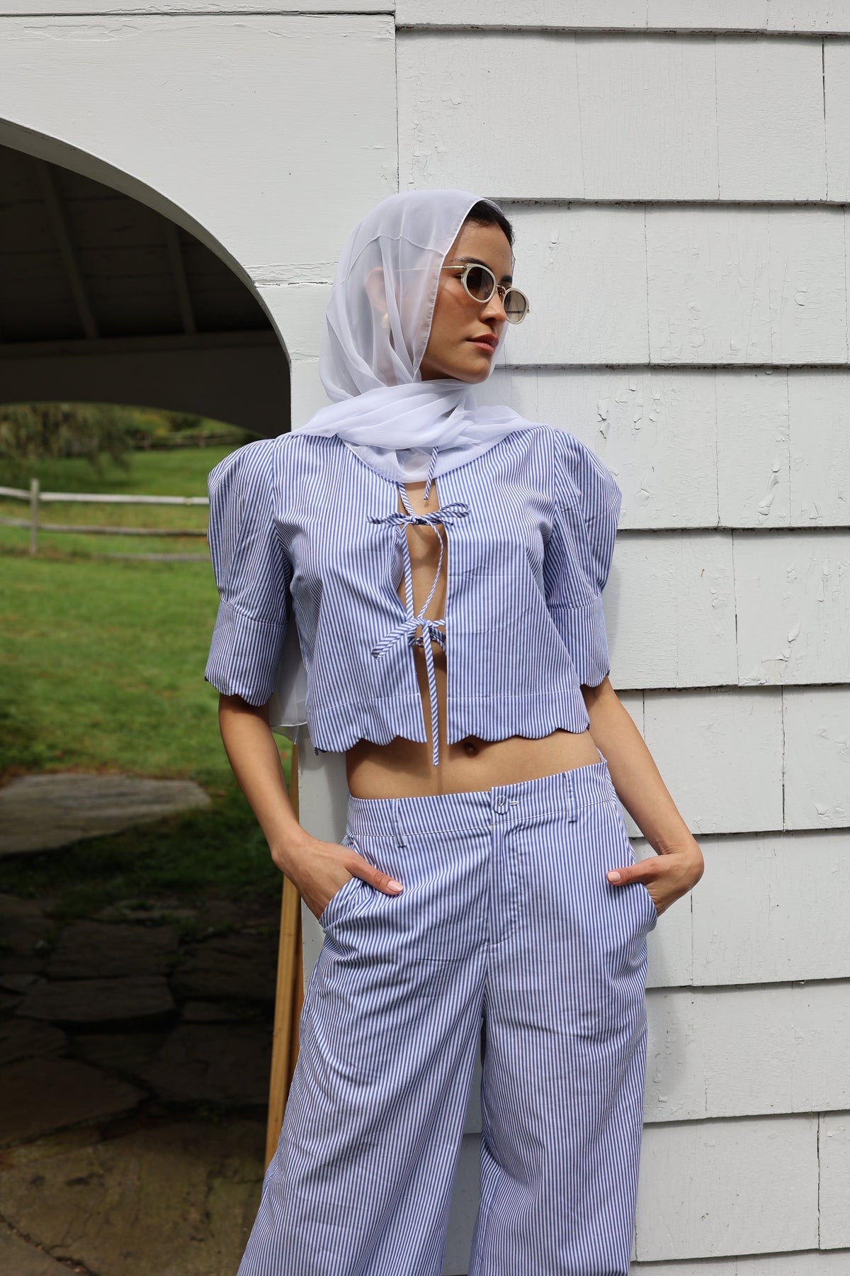 Scalloped Top in Blue Stripe