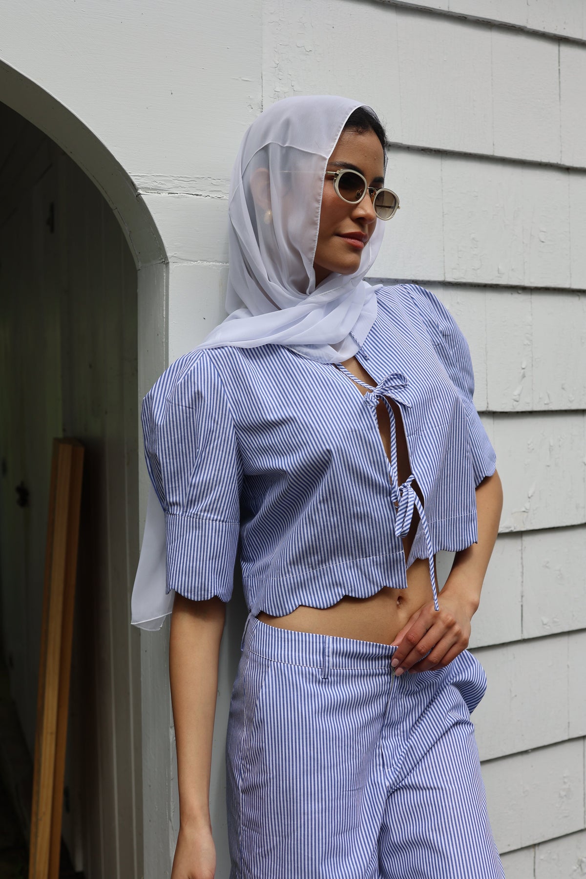 Scalloped Top in Blue Stripe