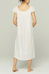 Long Cotton Nightgown with Flower Trim in White