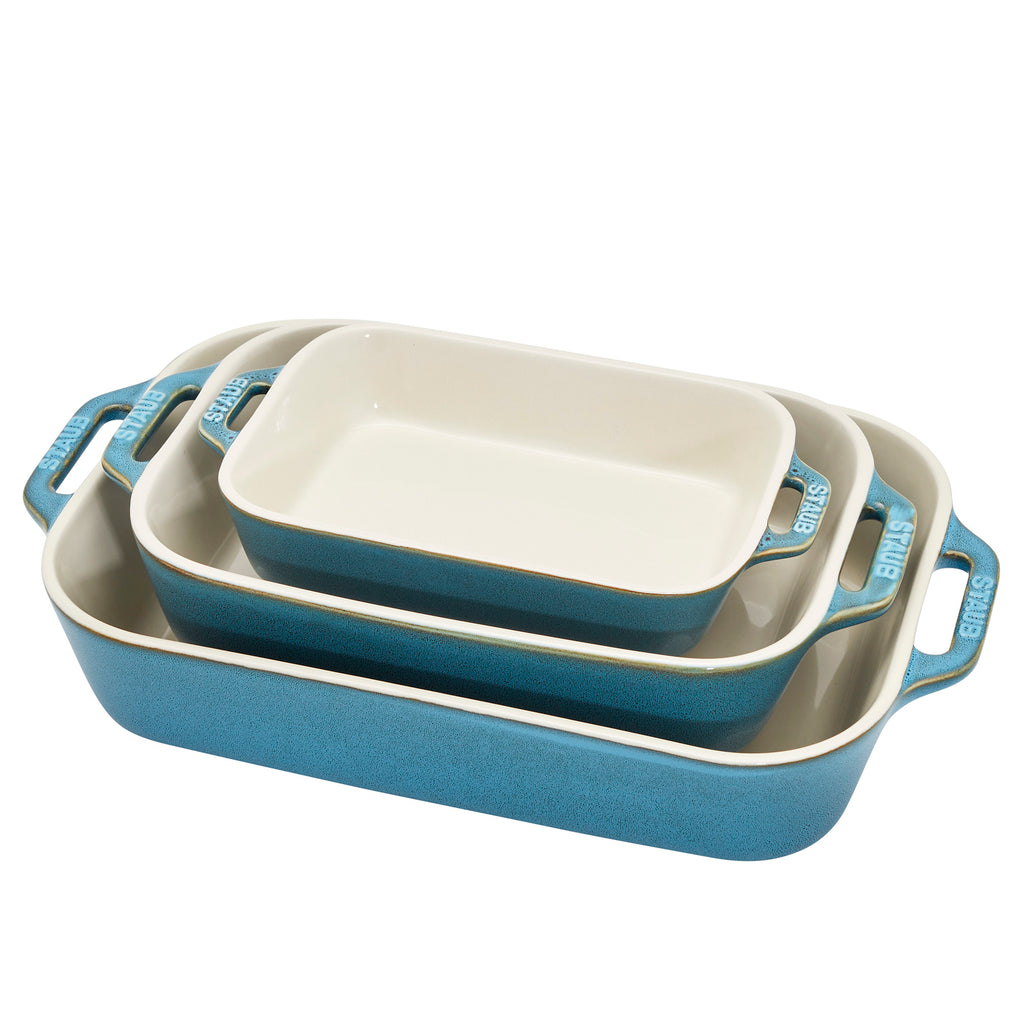 Ceramic 3-pc Rectangular Baking Dish Set in Rustic Turquoise