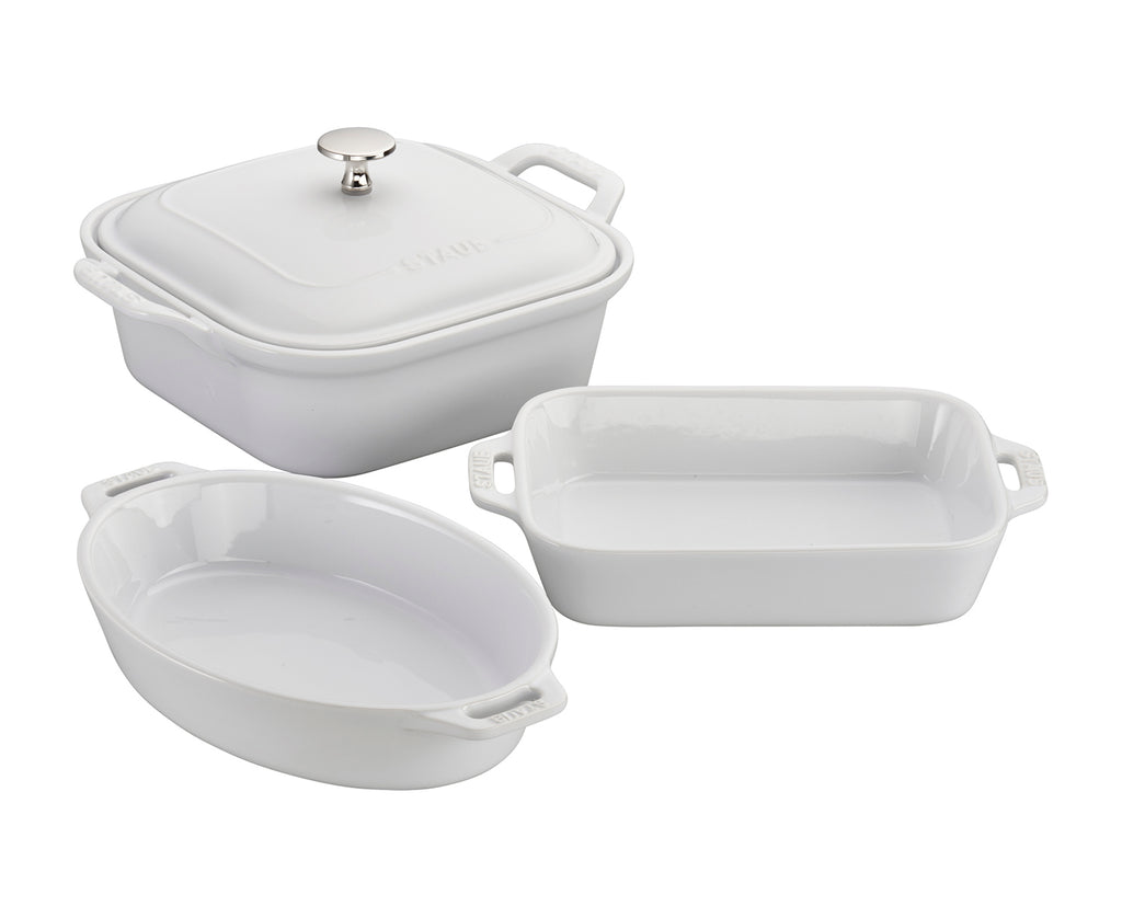 Ceramic 4-pc Baking Pans Set, Casserole Dish with Lid, Brownie Pan, White