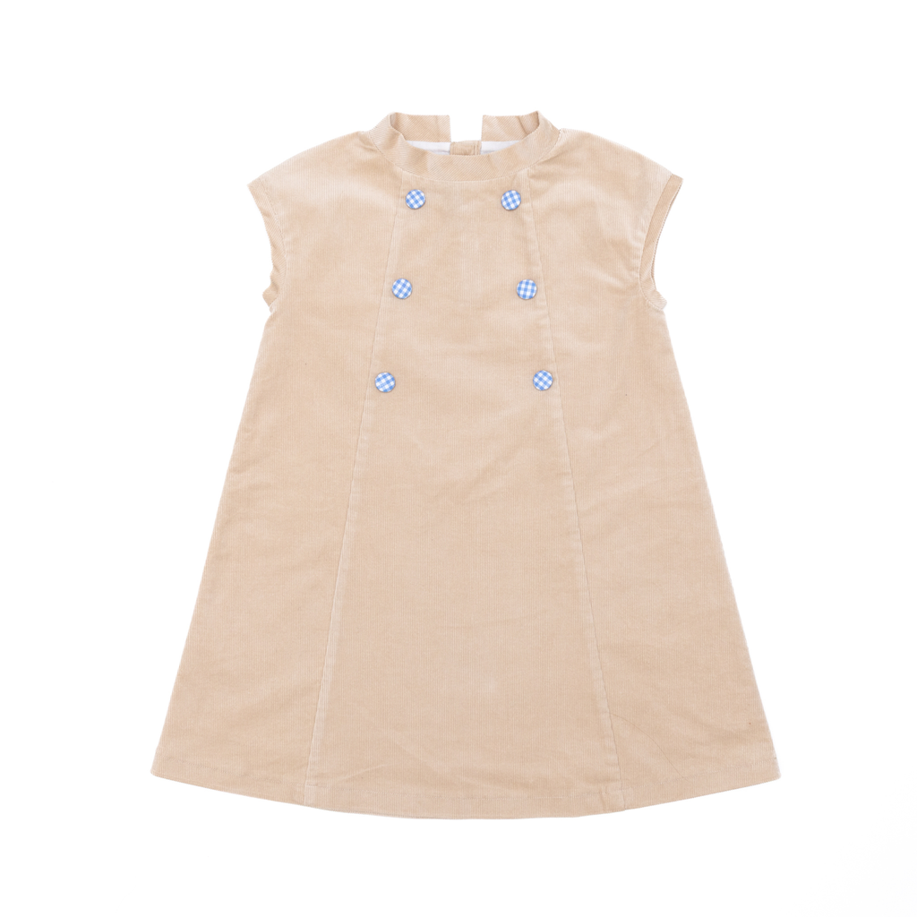 Henry Duvall Isabel Dress in King’s Way Khaki Corduroy with Charles Street Check covered buttons, classic fall toddler and girls outfit with heirloom style and timeless details 