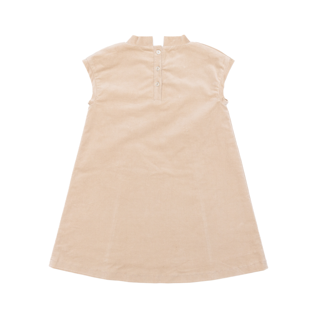 Henry Duvall Isabel Dress in King’s Way Khaki Corduroy with Charles Street Check covered buttons, classic fall toddler and girls outfit with heirloom style and timeless details