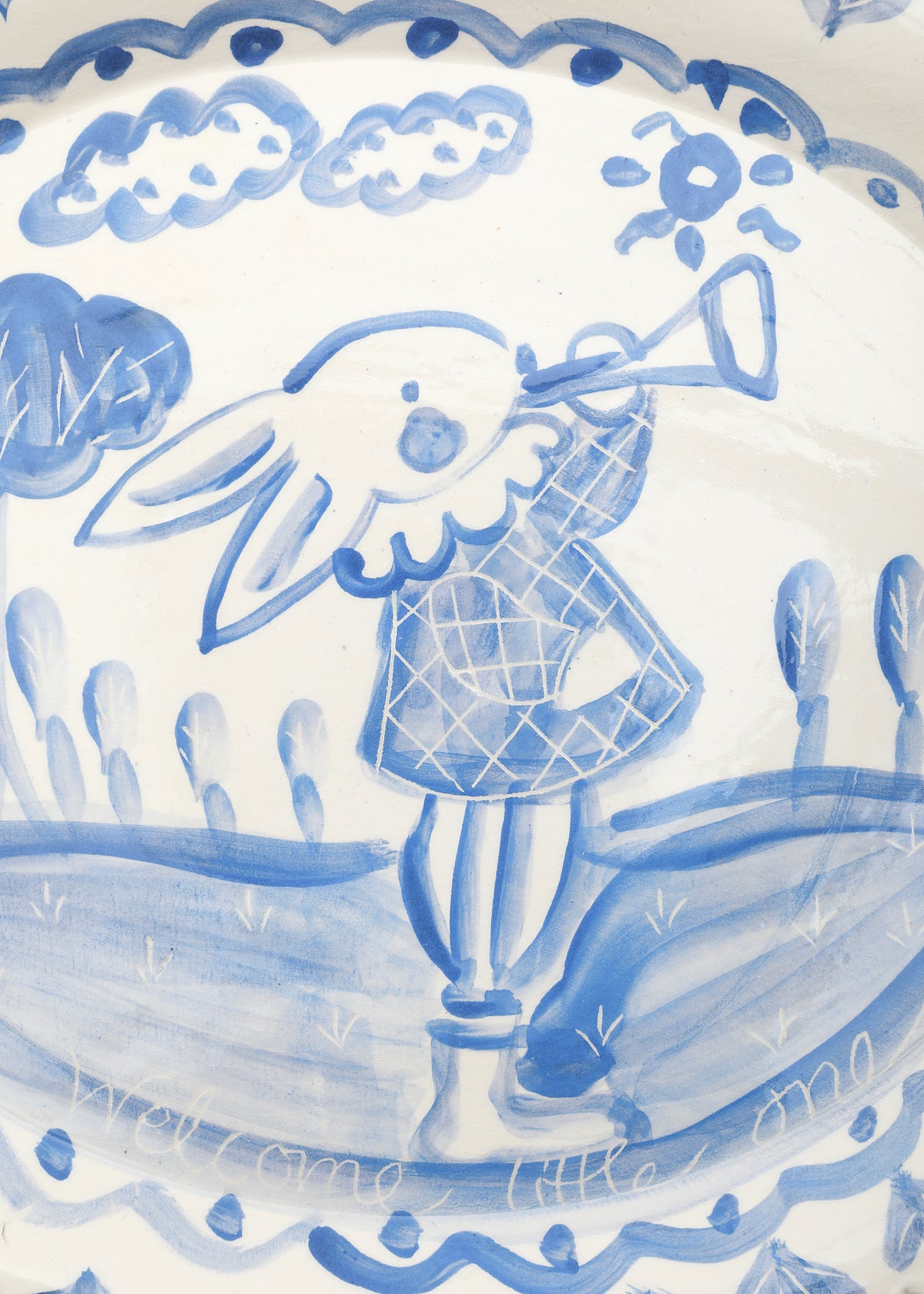 Scalloped Birth Plate in Blue with Rabbit