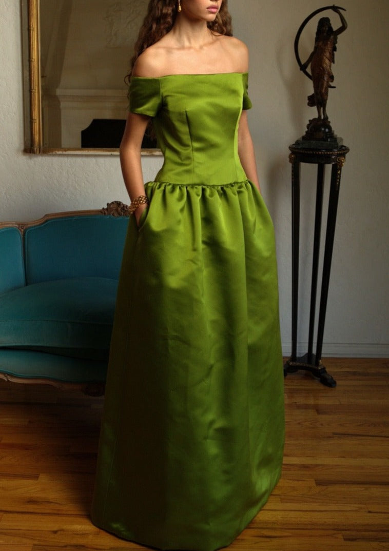 Off The Shoulder Drop Waist Gown in Chartreuse Double-Faced Satin