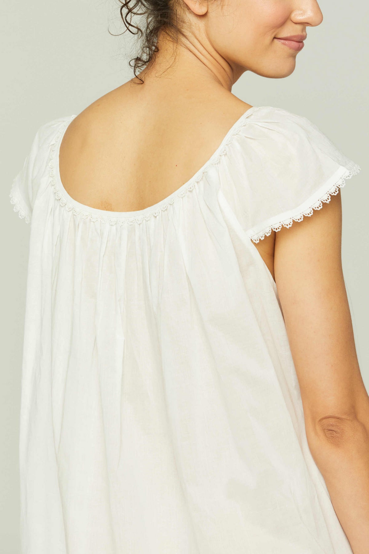 Long Cotton Nightgown with Flower Trim in White