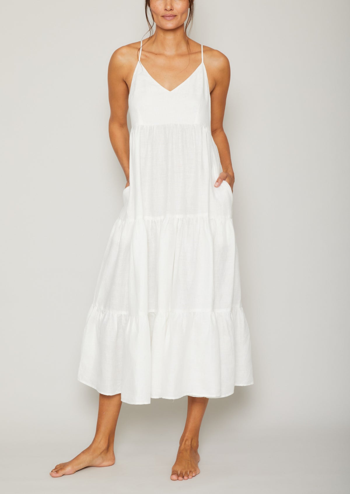 Claudia Spaghetti Strap Linen Ruffle Dress