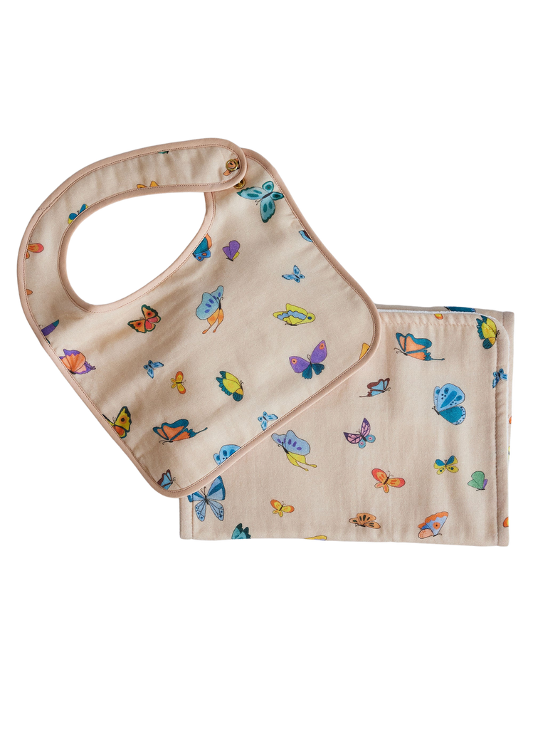 Blush Peach Madame Butterfly Bib and Burp Set