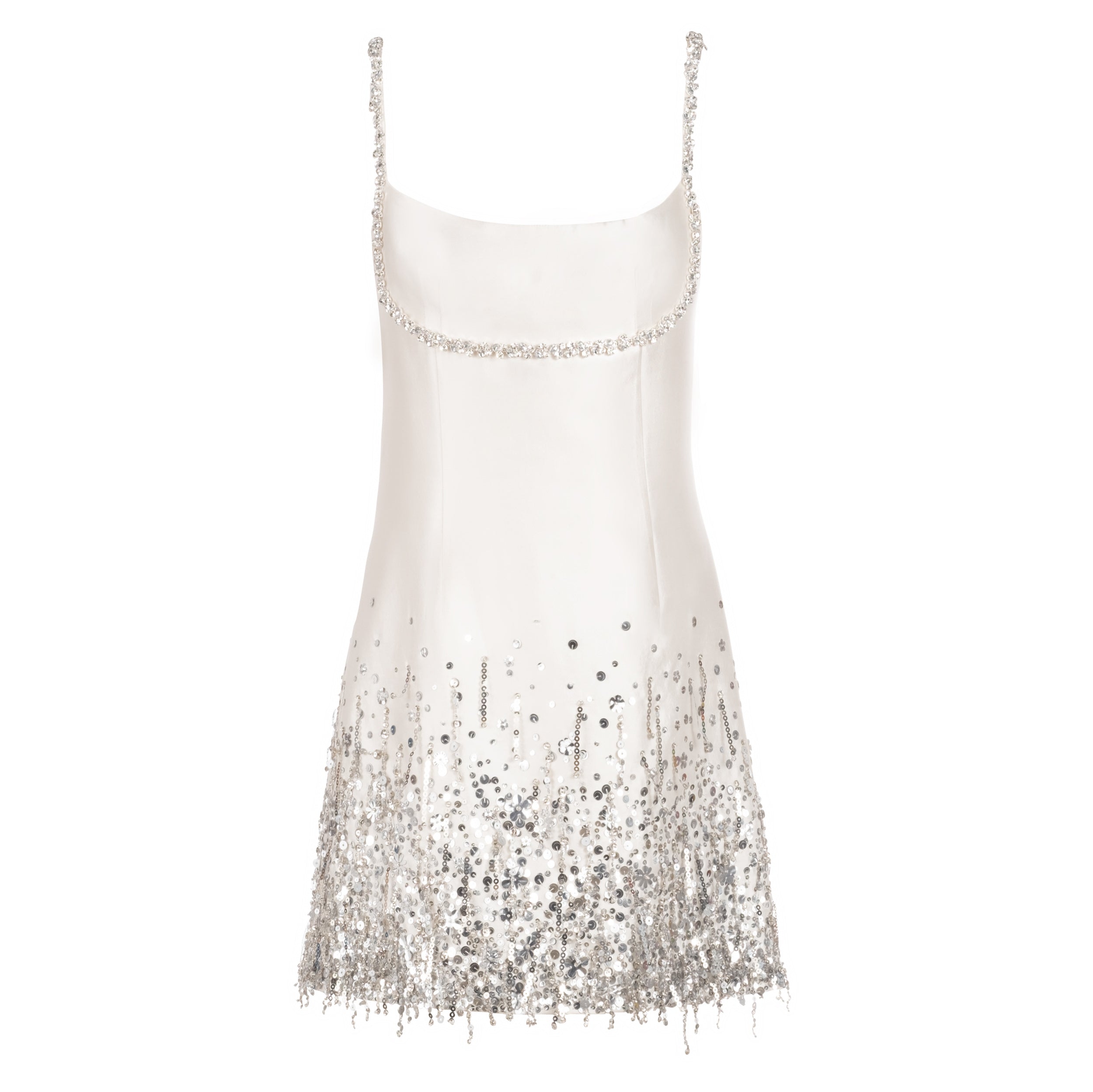 Stella Dress in Ivory Silk Wool with Silver Fringe