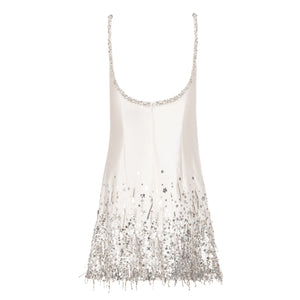 Stella Dress in Ivory Silk Wool with Silver Fringe