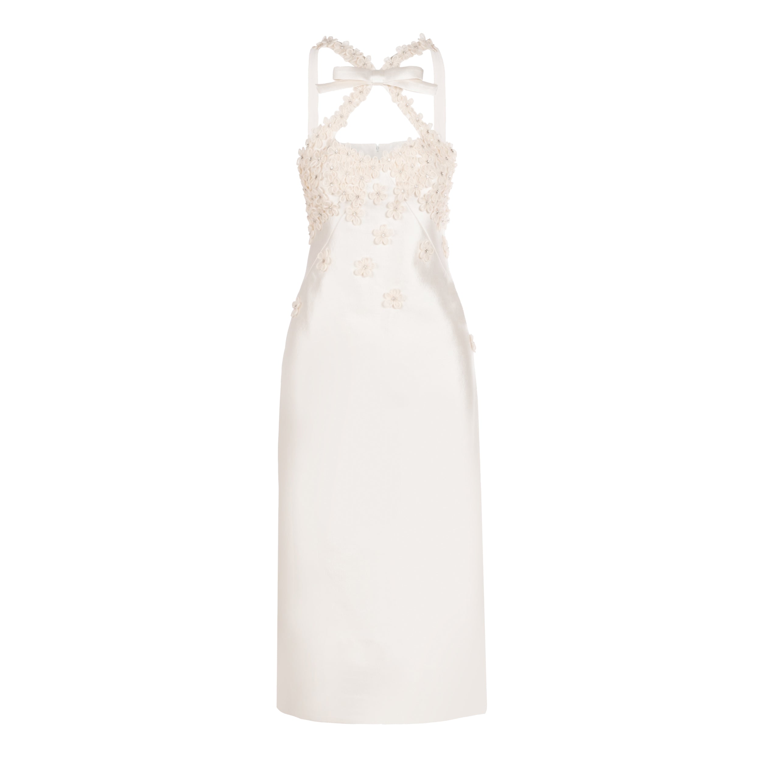 Delphine Dress in Ivory Silk Wool with Floral Appliqué