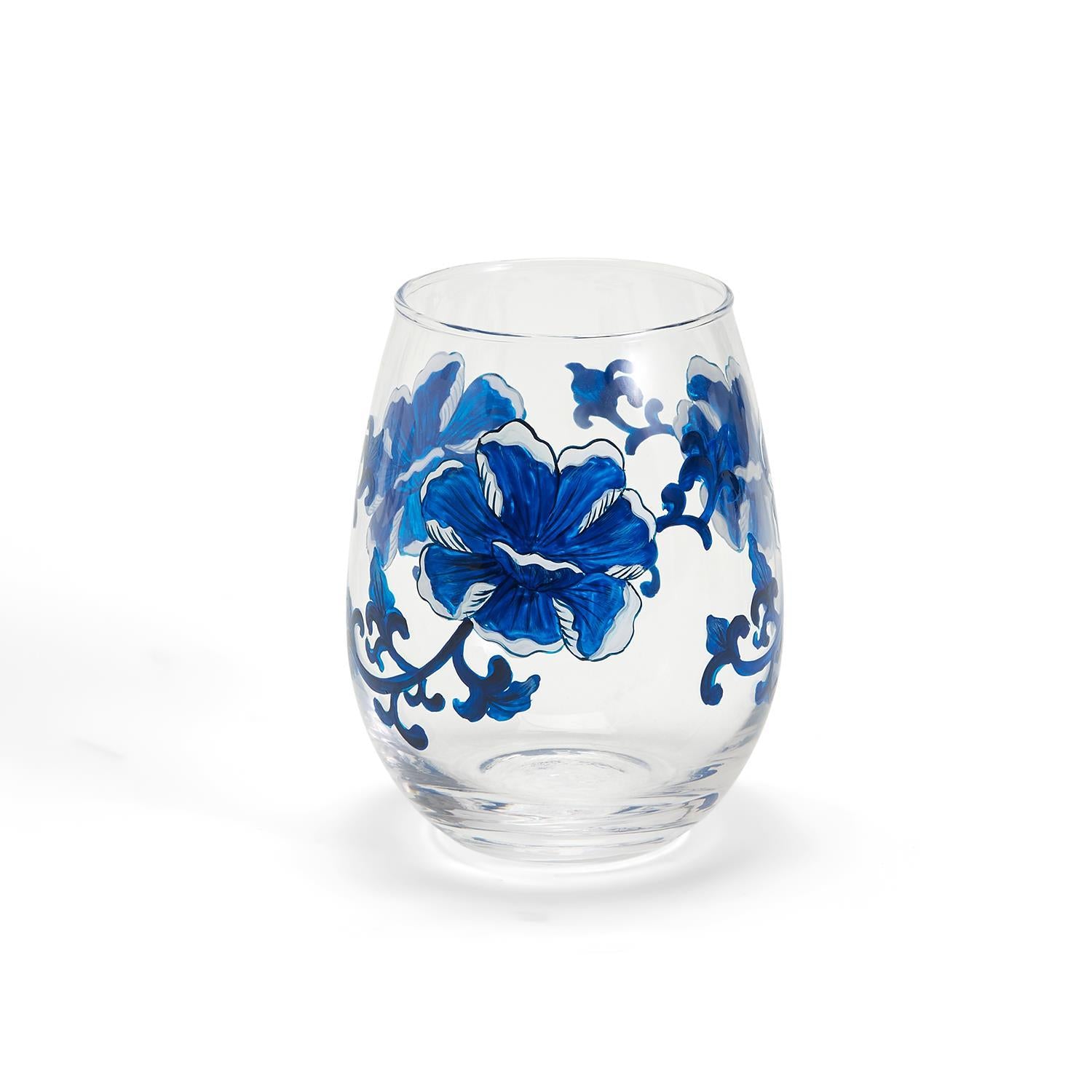 Chinoserie Hand-Painted Stemless Wine Glass, Set of 4